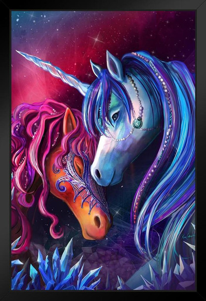 Blue and Red Unicorn Horse Pair in a Crystal Garden by Rose Khan Cool Wall Decor Art Print Black Wood Framed Poster 14x20