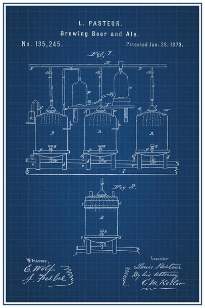 Laminated Brewing Beer and Ale Louis Pasteur 1873 Official Patent Blueprint Homebrew Fermentation Tanks Drinking Alcohol Keg Party Decoration Poster Dry Erase Sign 24x36