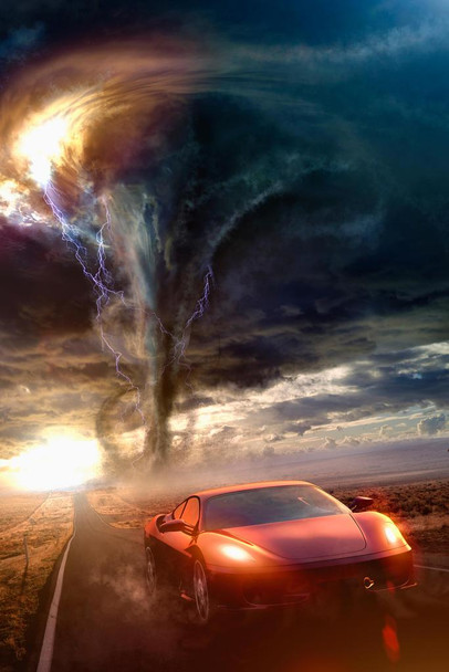 Laminated Red Sports Car Driving Away From Tornado Photo Art Print Poster Dry Erase Wall Art 24x36