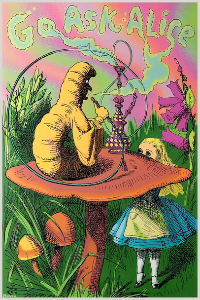 Alice in Wonderland Go Ask Alice Caterpillar Smoking Hookah Stoner Indie Room Decor Mushroom Poster Cool Psychedelic Trippy Hippie Decor UV Light Reactive Black Light Eco Blacklight Poster For Room
