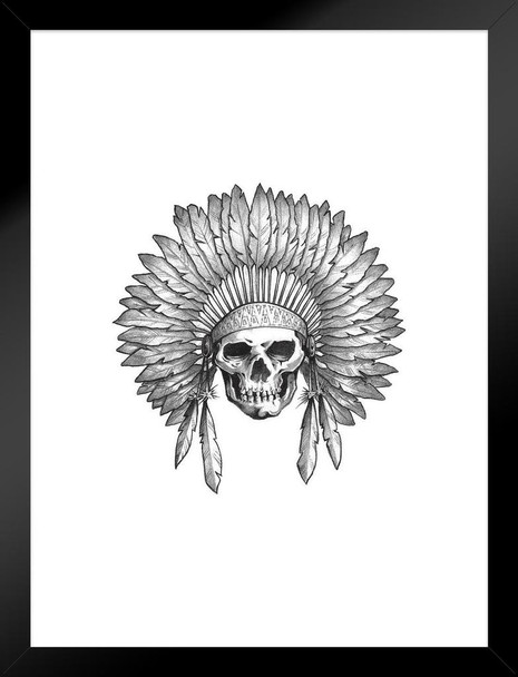 The Chief Native American Indian Skull in Headdress Black White Matted Framed Art Print Wall Decor 20x26 inch