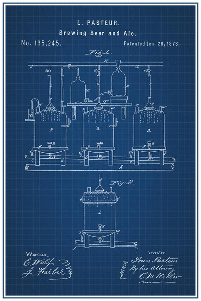 Laminated Brewing Beer and Ale Louis Pasteur 1873 Official Patent Blueprint Homebrew Fermentation Tanks Drinking Alcohol Keg Party Decoration Poster Dry Erase Sign 12x18