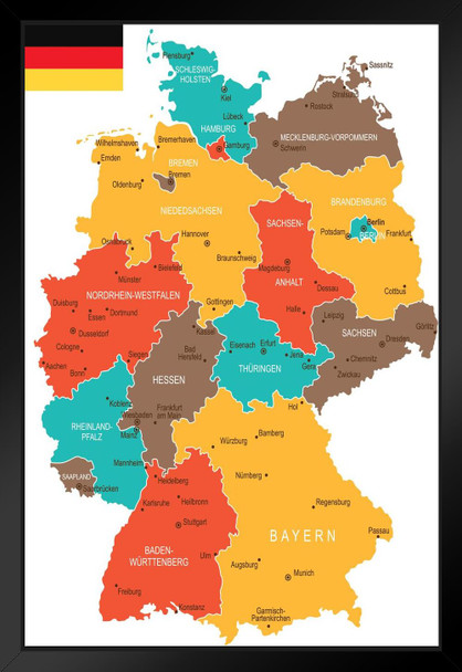 Geographical Map of Germany Travel World Map with Cities in Detail Map Posters for Wall Map Art Wall Decor Geographical Illustration Tourist Travel Destinations Black Wood Framed Art Poster 14x20