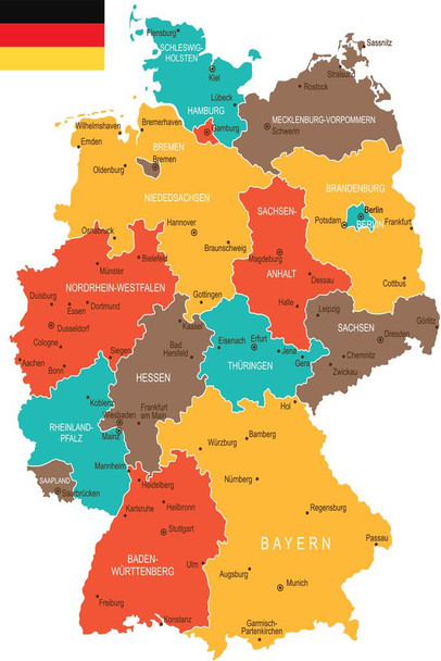 Geographical Map of Germany Travel World Map with Cities in Detail Map Posters for Wall Map Art Wall Decor Geographical Illustration Tourist Travel Destinations Cool Wall Decor Art Print Poster 24x36