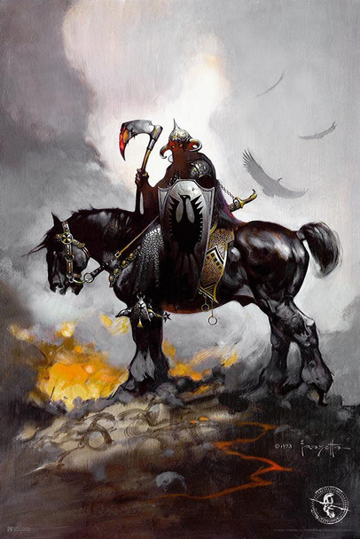 Laminated Death Dealer by Frank Frazetta Poster Viking On Horse Horseback Bloody Axe Gothic Fantasy Wall Art Poster Dry Erase Sign 12x18