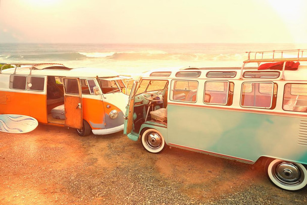 Laminated Vintage Vans Parked on Beach Photo Photograph Sunset Palm Landscape Pictures Ocean Scenic Scenery Tropical Nature Photography Paradise Scenes Poster Dry Erase Sign 36x24