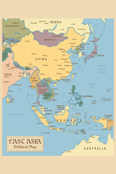 Laminated Vintage Map of East Asia Travel World Map with Cities in Detail Map Posters for Wall Map Art Wall Decor Geographical Illustration Tourist Travel Destinations Poster Dry Erase Sign 24x36