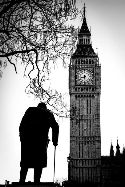 Laminated Big Ben And Sir Winston Churchill Statue Westminster London Black and White Photo Poster Dry Erase Sign 24x36