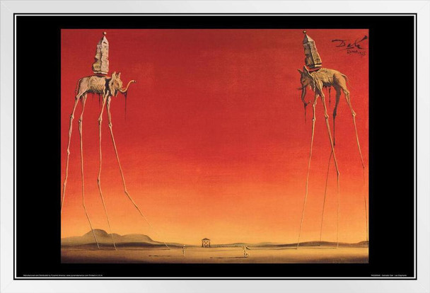 Salvador Dali Les Elephants 1948 Oil On Canvas Spanish Surrealist Painting White Wood Framed Poster 20x14