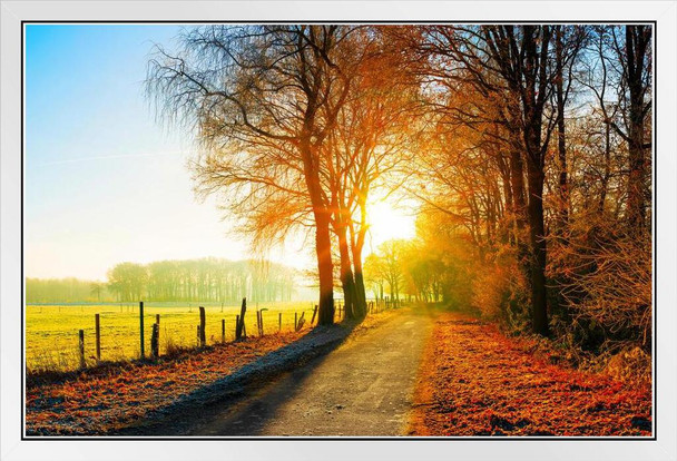 Autumn Farm Fields Country Road Sunset Landscape Photo Photograph White Wood Framed Poster 20x14