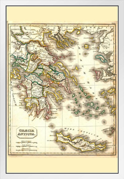 Ancient Greece Antique Style Map Travel World Map with Cities in Detail Map Posters for Wall Map Art Wall Decor Geographical Illustration Travel Destinations White Wood Framed Art Poster 14x20