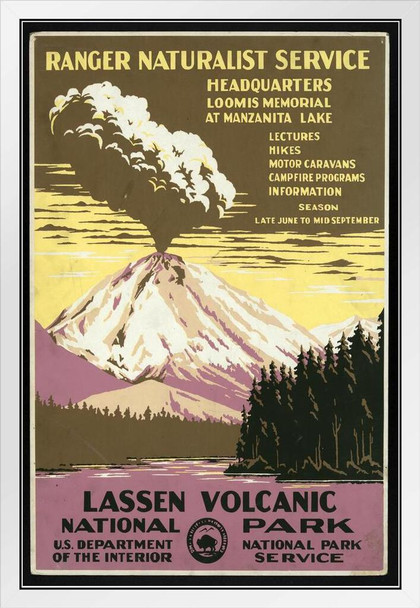 Lassen Volcanic National Park Vintage Illustration Travel Art Deco Vintage French Wall Art Nouveau French Advertising Vintage Poster Prints Art Nouveau Decor White Wood Framed Art Poster 14x20