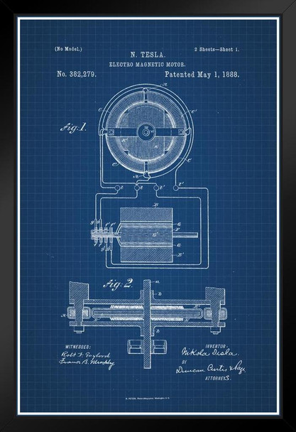 Nikola Tesla Electro Magnetic Motor 1888 Official Patent Blueprint Electrical Engineer Inventor Science Classroom Educational Chart Sign Stand or Hang Wood Frame Display 9x13