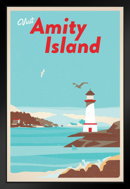 Visit Amity Island Massachusetts Fantasy Travel Retro Vintage Shark Fin Shark Attack Lighthouse Beach Black Wood Framed Poster 14x20