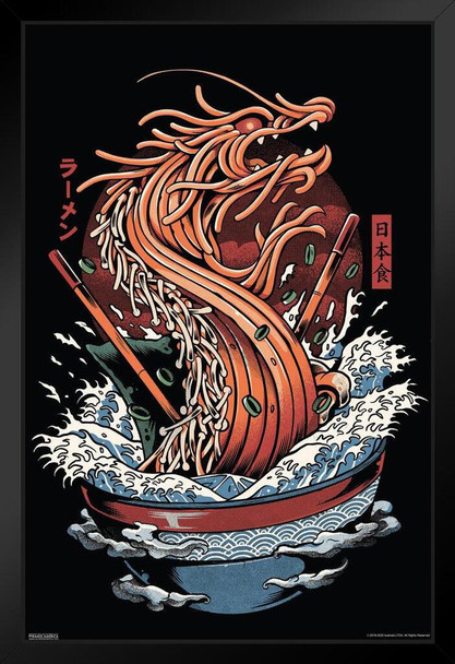 Dragon Ramen by Illustrata Design Japanese Art Manga Anime Style Funny Black Wood Framed Art Poster 14x20