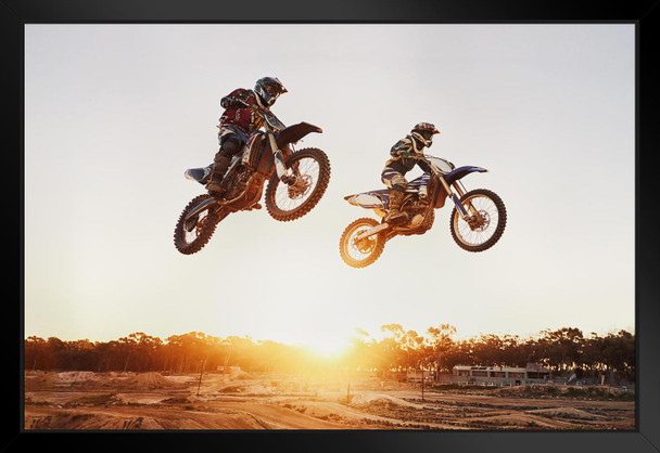 Motocross Riders Jumping Over Sunset Motorcycle Bike Photo Photograph Race Racetrack Dirt Matted Framed Art Wall Decor 26x20
