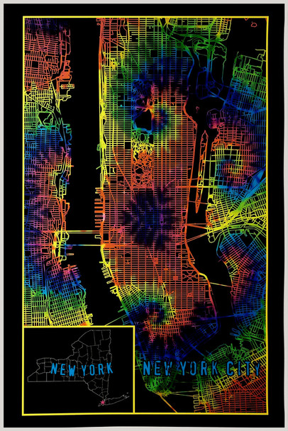 New York City Neighborhood Map Manhattan NYC Tie Dye Pattern Colorful Cool Psychedelic Trippy Hippie Decor UV Light Reactive Black Light Eco Blacklight Poster For Room