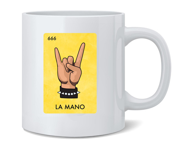 La Mano Mexican Lottery Parody Devil Horns Metal Ceramic Coffee Mug Tea Cup Fun Novelty Gift 12 oz