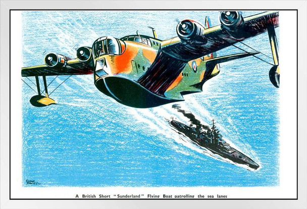 WPA War Propaganda British Short Sunderland Flying Boat Patrolling Sea Lanes White Wood Framed Poster 20x14