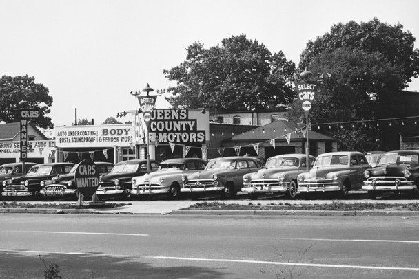 Cars Parked at Used Car Lot Vintage B&W Photo Photograph Cool Wall Art Print Poster 18x12