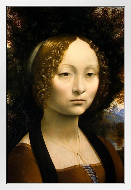 Leonardo da Vinci Ginevra de Benci 15th Century Portrait Painting White Wood Framed Poster 14x20