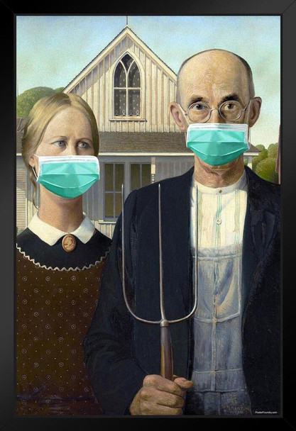 American Gothic Wearing Masks Funny Grant Wood Masked Pandemic Meme Classic Art Parody Art Print Stand or Hang Wood Frame Display 9x13