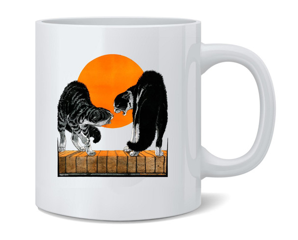 Cat Fight Retro Vintage Halloween Art Coffee Mug 12oz