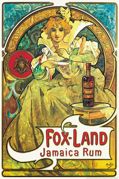 Laminated Alphonse Mucha Painting Fox Land Jamaica Rum Poster 1897 Bohemian Czech Painter 1900s Art Nouveau Retro Vintage Advertisement Alcohol Poster Dry Erase Sign 12x18
