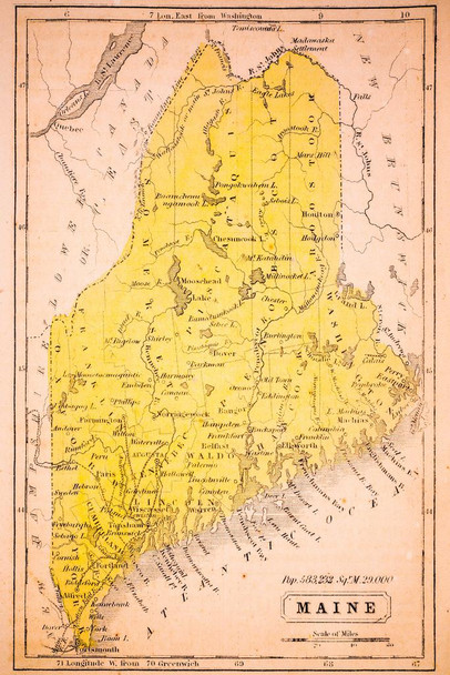 Antique Map of Maine 1852 Vintage State Map Major Cities United States Border Canada Atlantic Ocean Cartographic Decoration Thick Paper Sign Print Picture 8x12