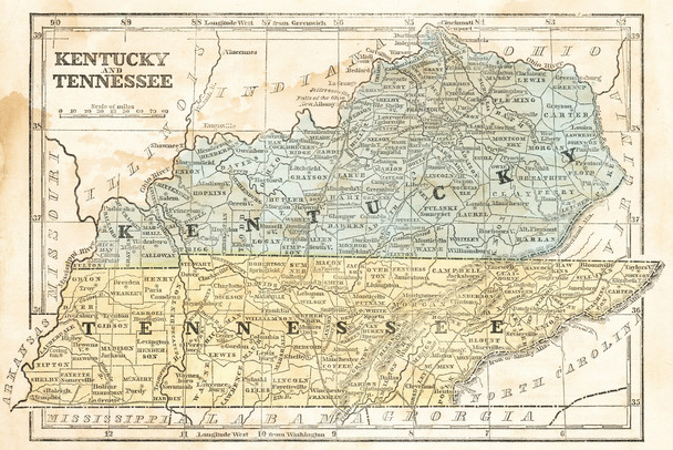 Kentucky and Tennessee Vintage 1855 Antique Style Map Travel World Map with Cities in Detail Map Posters for Wall Map Art Wall Decor Geographical Illustration Cool Wall Decor Art Print Poster 18x12