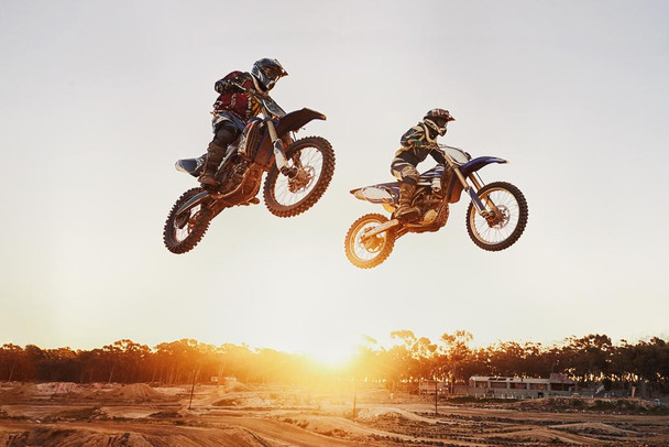 Laminated Motocross Riders Jumping Over Sunset Motorcycle Bike Photo Photograph Race Racetrack Dirt Poster Dry Erase Sign 18x12