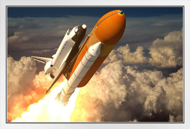 Space Shuttle Launch Blasting Through Clouds Rendering Photo White Wood Framed Poster 20x14