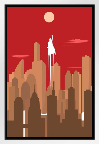 Superhero Silhouette Art Deco Skyline Retro White Wood Framed Poster 14x20