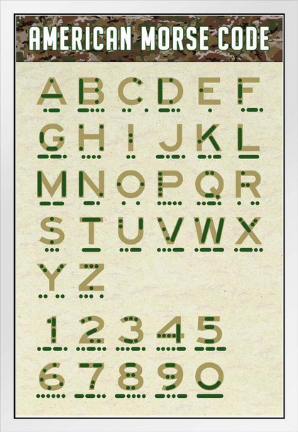 American Morse Code Alphabet and Numbers Camouflage Military Reference Chart USA White Wood Framed Poster 14x20