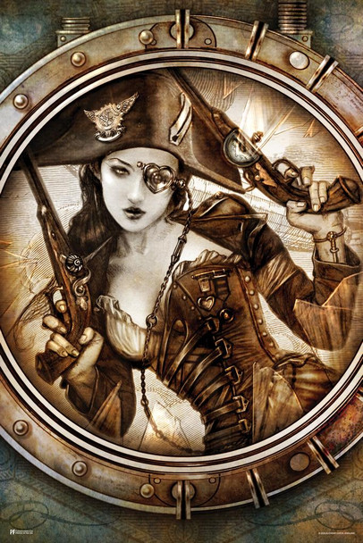 Laminated Alchemy Gothic Corvus Corsair Pirate Woman Poster Steampunk Vintage Style Pirate Hat Musket Poster Dry Erase Wall Art 24x36
