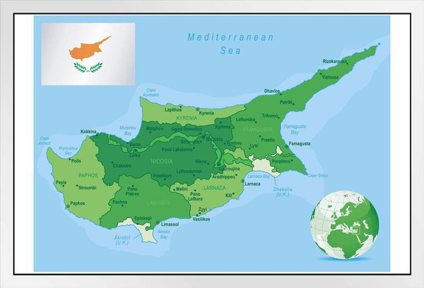 Map Of Cyprus States Cities Flag Mediterranean Sea Chart Map Posters for Wall Map Art Wall Decor Geographical Illustration Tourist Travel Destinations White Wood Framed Art Poster 20x14