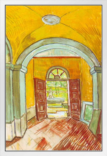 Vincent Van Gogh The Entrance Hall of Saint Paul Hospital Van Gogh Wall Art Impressionist Portrait Painting Style Fine Art Home Decor Realism Romantic Artwork White Wood Framed Art Poster 14x20