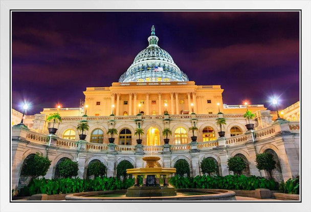 United States Capitol Illuminated Washington DC Photo Photograph White Wood Framed Poster 20x14