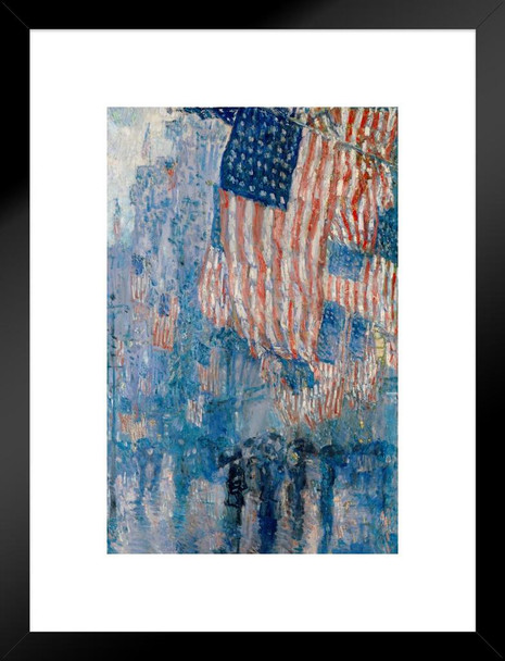 Avenue In Rain Childe Hassam 1917 Vintage American Flags Painting Historical Patriotic Oval Office USA United States Matted Framed Art Wall Decor 20x26