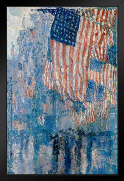 Avenue In Rain Childe Hassam 1917 Vintage American Flags Painting Historical Patriotic Oval Office USA United States Stand or Hang Wood Frame Display 9x13