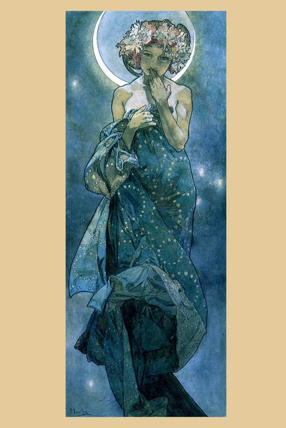 Moon by Alphonse Mucha Feminine Art Deco Art Nouveau Art Prints Mucha Print Art Nouveau Decor Vintage Advertisements Art Poster Ornamental Design Mucha Stretched Canvas Art Wall Decor 16x24