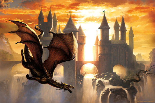 Sunset Over Castle Flying Dragon by Ciruelo Artist Painting Fantasy Cool Wall Decor Art Print Poster 12x18