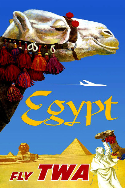 Visit Egypt Fly TWA Airlines Camel Pyramids Sphynx in Desert Vintage Illustration Tourism Travel Cool Wall Decor Art Print Poster 12x18