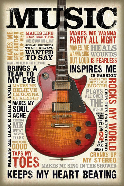 Music Inspires Me Guitar Quotes Poster Motivational Inspirational Musical Phrases Lyrics Sayings Stretched Canvas Art Wall Decor 16x24