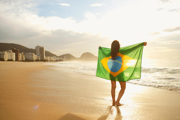 Woman Holding Brazilian Flag Beach Rio de Janeiro Photo Photograph Cool Wall Decor Art Print Poster 18x12