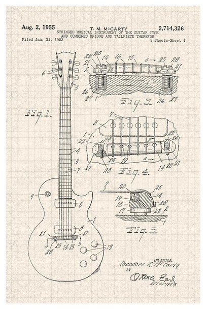 Electric Guitar 1955 Official Patent Diagram Tan Color Stringed Instrument Music Musician Rock Roll Band Decoration Stretched Canvas Art Wall Decor 16x24