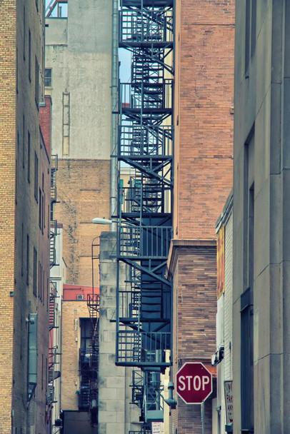 Urban City Alleyway Stop Sign and Fire Escapes Photo Print Stretched Canvas Wall Art 16x24 inch