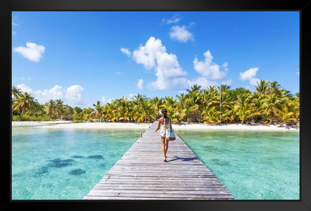 Beautiful Woman Walking on Jetty Tropical Island Photo Photograph Art Print Stand or Hang Wood Frame Display Poster Print 13x9