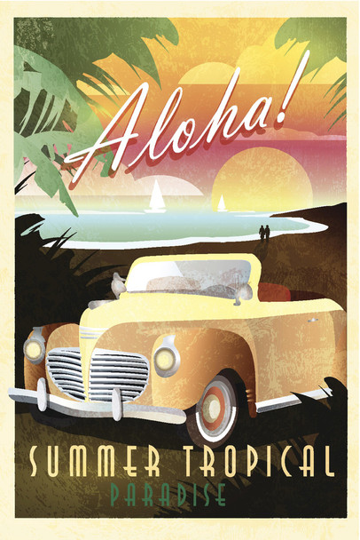 Aloha Summer Tropical Paradise Hawaii Hawaiian Art Deco Travel Beach Sunset Palm Landscape Pictures Ocean Scenic Scenery Nature Photography Scenes Cool Wall Decor Art Print Poster 12x18