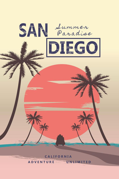 San Diego California Summer Paradise Retro Travel Stretched Canvas Wall Art 16x24 inch